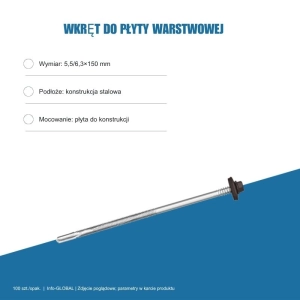 Wkręt do płyty warstwowej Info-GLOBAL AR12 W CSG 5,5/6,3×150 mm, kolory RAL, 100 szt.